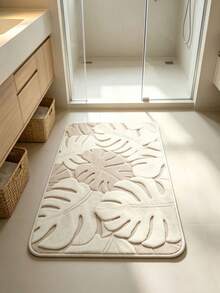 Cream Monstera Leaf Bathroom Rug, Minimalist Cream Style Non-Slip Bathroom Mat, Fluffy Soft Plush, Comfortable Foot Feel Faux Cashmere Soft Mat, Non-Slip Bottom, Versatile Soft Door Mat, Makeup Mat, Cozy Entryway Mat, Bathroom Bath Mat, Bathtub Mat, Home Bedroom, Window Sill Mat, Bedside Rug, Washing Machine Mat, Machine Washable. Note: There May Be Creases During Packaging And Shipping, The Product Is Printed With A White Bottom, Short Plush, Please Consider Carefully Before Purchasing. - Apricot - View 5