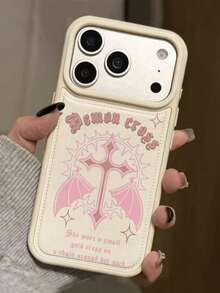 1pc Sweet Cool Pink Devil Cross Phone Case, Soft Leather Full Coverage Shockproof Compatible With Apple 17/16/15/14/13/12 Pro Max, Personalized Niche Subculture Style Accessory, Highly Attractive Gift For Girls, Wear-Resistant Non-Yellowing Soft Edge Hard Back - White - View 3