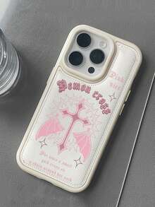 1pc Sweet Cool Pink Devil Cross Phone Case, Soft Leather Full Coverage Shockproof Compatible With Apple 17/16/15/14/13/12 Pro Max, Personalized Niche Subculture Style Accessory, Highly Attractive Gift For Girls, Wear-Resistant Non-Yellowing Soft Edge Hard Back - White - View 1