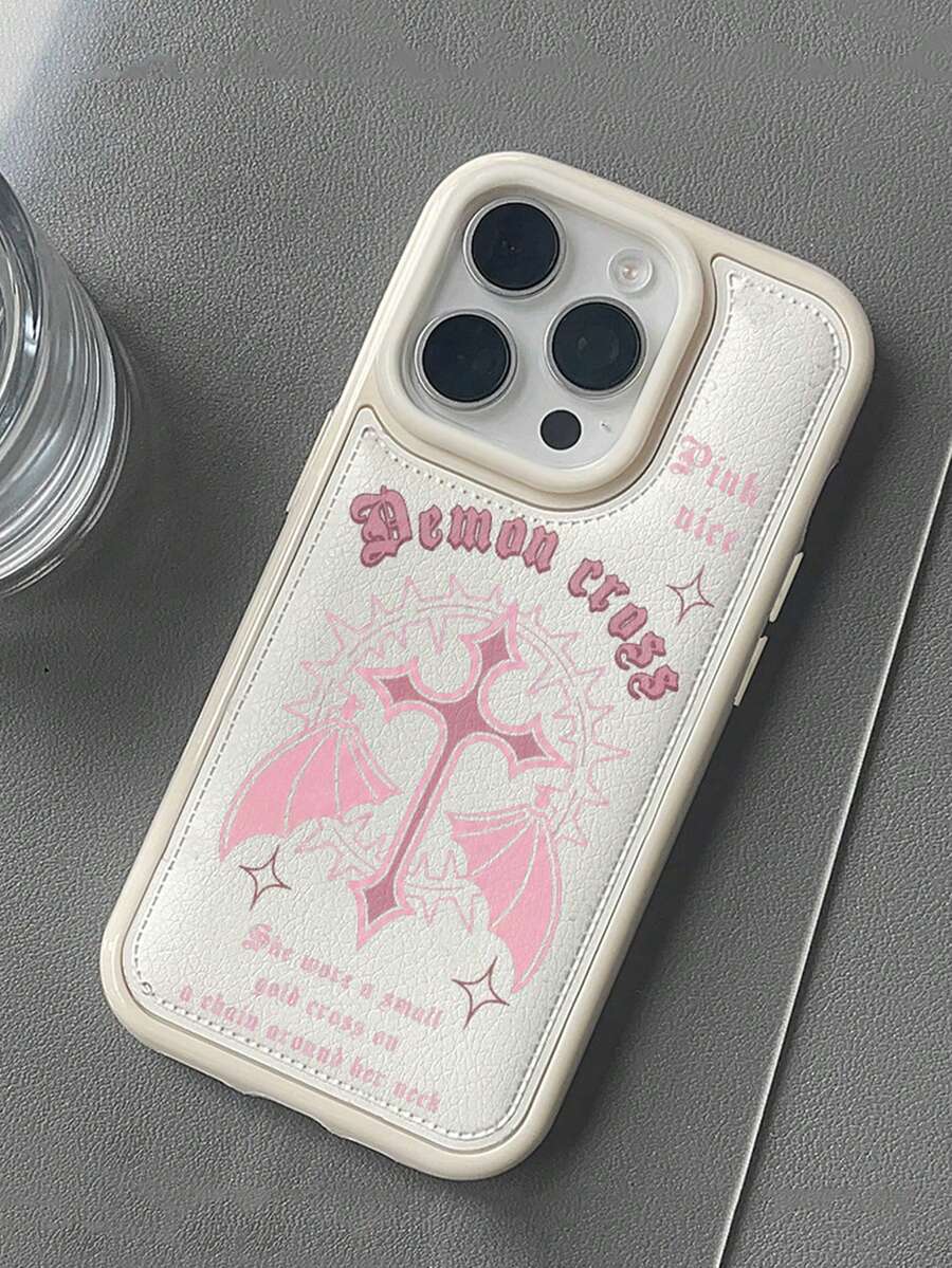 1pc Sweet Cool Pink Devil Cross Phone Case, Soft Leather Full Coverage Shockproof Compatible With Apple 17/16/15/14/13/12 Pro Max, Personalized Niche Subculture Style Accessory, Highly Attractive Gift For Girls, Wear-Resistant Non-Yellowing Soft Edge Hard Back - White - View 1