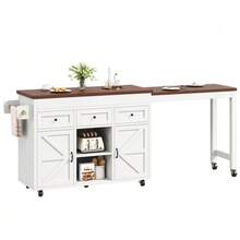 Kitchen Island With Storage, Extendable Dining Table/Bar Table (131.5-210 Cm), 360° Rotatable, With Drawers And Cabinets, Versatile Worktop For Kitchen, Dining Room And Small Spaces, Black - White - View 9