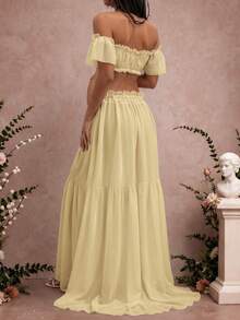 Maternity Sleeveless Ruched Dress, Chiffon Moderate Elasticity Ruched Pleated Detail Front Slit Ruched Hem Maternity Photography Baby Shower Yellow - Yellow - View 2