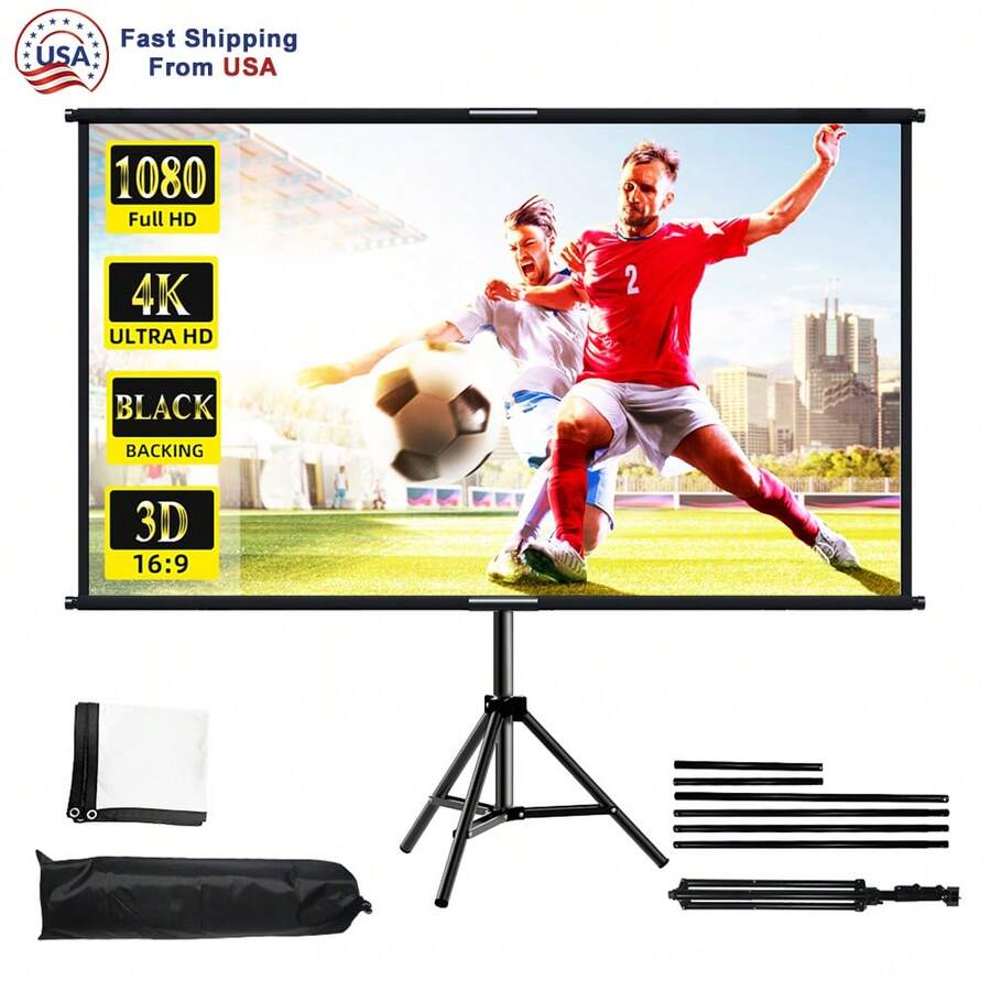 GAINVANE Tripod Projector Screen With Stand 84/100/120inch 16:9 4K HD Projection Screen Stand Wrinkle-Free Height Adjustable Portable Screen For Projector Indoor & Outdoor For Movie, Home Cinema, Gaming, Office