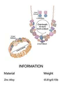 Cring Coco 3Pcs Women Multicolor Pastel Enamel Jewelry Set Golden Tone Chunky Statement Necklace Drop Earrings Open Cuff Bracelet Color Block Matching Jewellery - Geometry 1 - View 11