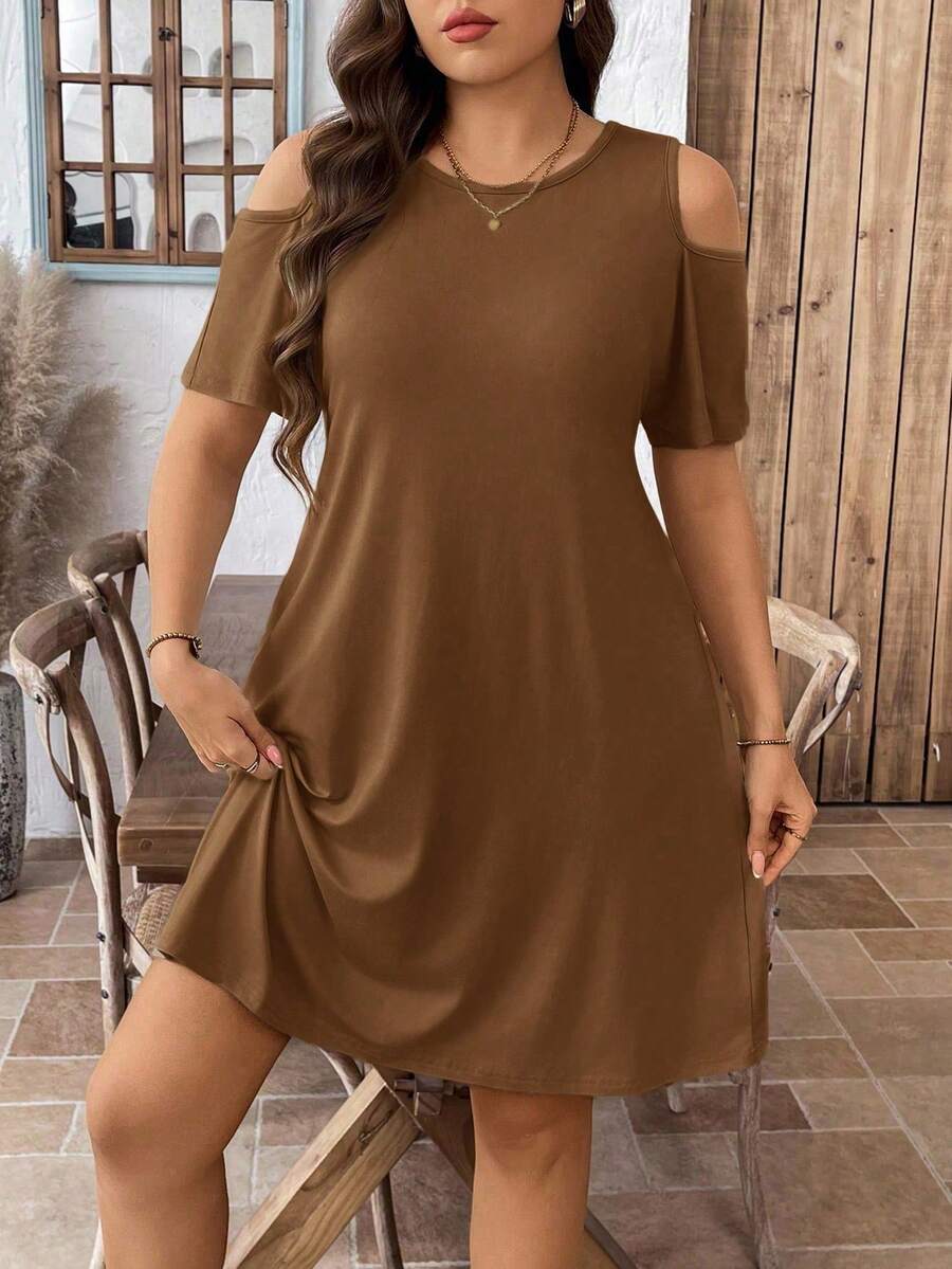 diario sencillo de unicolor con cuello redondo y hombros descubiertos para mujer de talla grande KX0H - Café integral - Ver 1