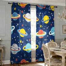 2pcs Watercolor Cartoon Planet Curtains, Solar System Galaxy Theme, Room Decor Curtains, Rod Pocket Design, Semi-Transparent Polyester Material, Suitable For Living Room, Kitchen, Bedroom And Other Places - Multicolor - View 6