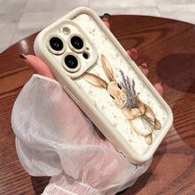 Vintage Floral Lavender Rabbit Phone Case, Cream White Straight Edge Full Coverage Soft Artistic Cartoon Shockproof Shell, Compatible With Apple 13, 15 Pro Max, 11/11 Pro Max/11 Pro/12/12 Pro/12 Pro Max/13/13 Pro/13 Pro Max/14/14 Pro/14 Pro Max/15/15 Pro Max/15 Pro/16/16 Pro/16 Pro Max. - White - View 4