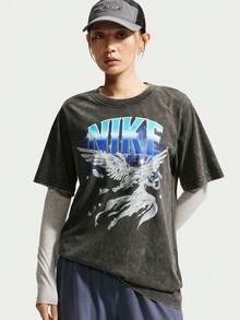 Nike Women's AS W NSW RETRO FLAIR TEE Short Sleeve Knit Collarless T-Shirt TIW1198-060 - Grey - View 1