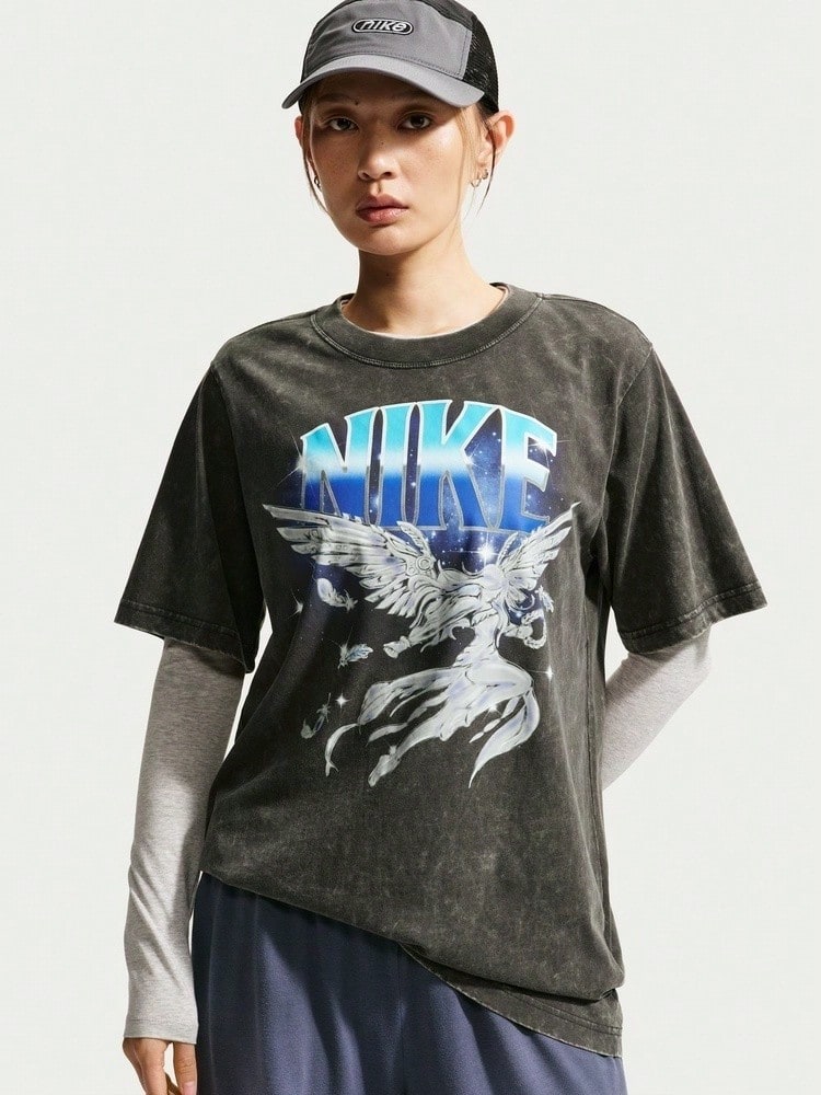 Nike Women's AS W NSW RETRO FLAIR TEE Short Sleeve Knit Collarless T-Shirt TIW1198-060 - Grey - View 1