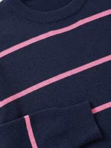 Men's Mercerized Striped Loose Drop Shoulder Crew Neck Long Sleeve Sweater - Navy Blue - View 7
