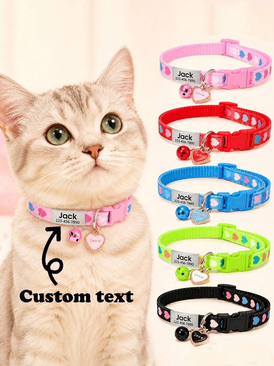 1pc Customized Heart Pattern Cat Collar, Customizable Engraved Name Phone ID Tag, Adjustable Comfortable Bell And Heart Pendant, Cute Cartoon Design Suitable For Cats And Small Dogs, Pet Gift - Multicolor - View 1