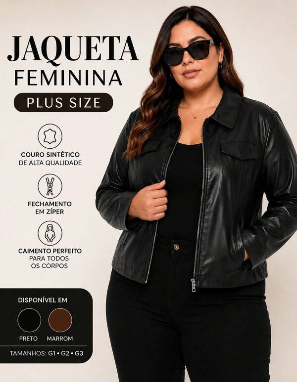Jaqueta Feminina Plus Size em Couro Sintético Courino com Zíper G1 G2 G3
