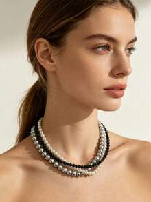 Kalung Mutiara Kaca 3 Lapis Hitam, Putih, Abu-abu - Pastel - View 3