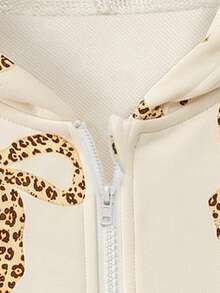 Baby Girl Autumn Thin Bow All-Over Print Ribbed Long Sleeve Apricot Hooded Jacket Children's Zipper Pocket Casual Fashion Cardigan Spring Top - Apricot - View 5