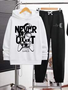 Teen Boys Letter Print Warm Hoodie And Sweatpants - Black - View 1
