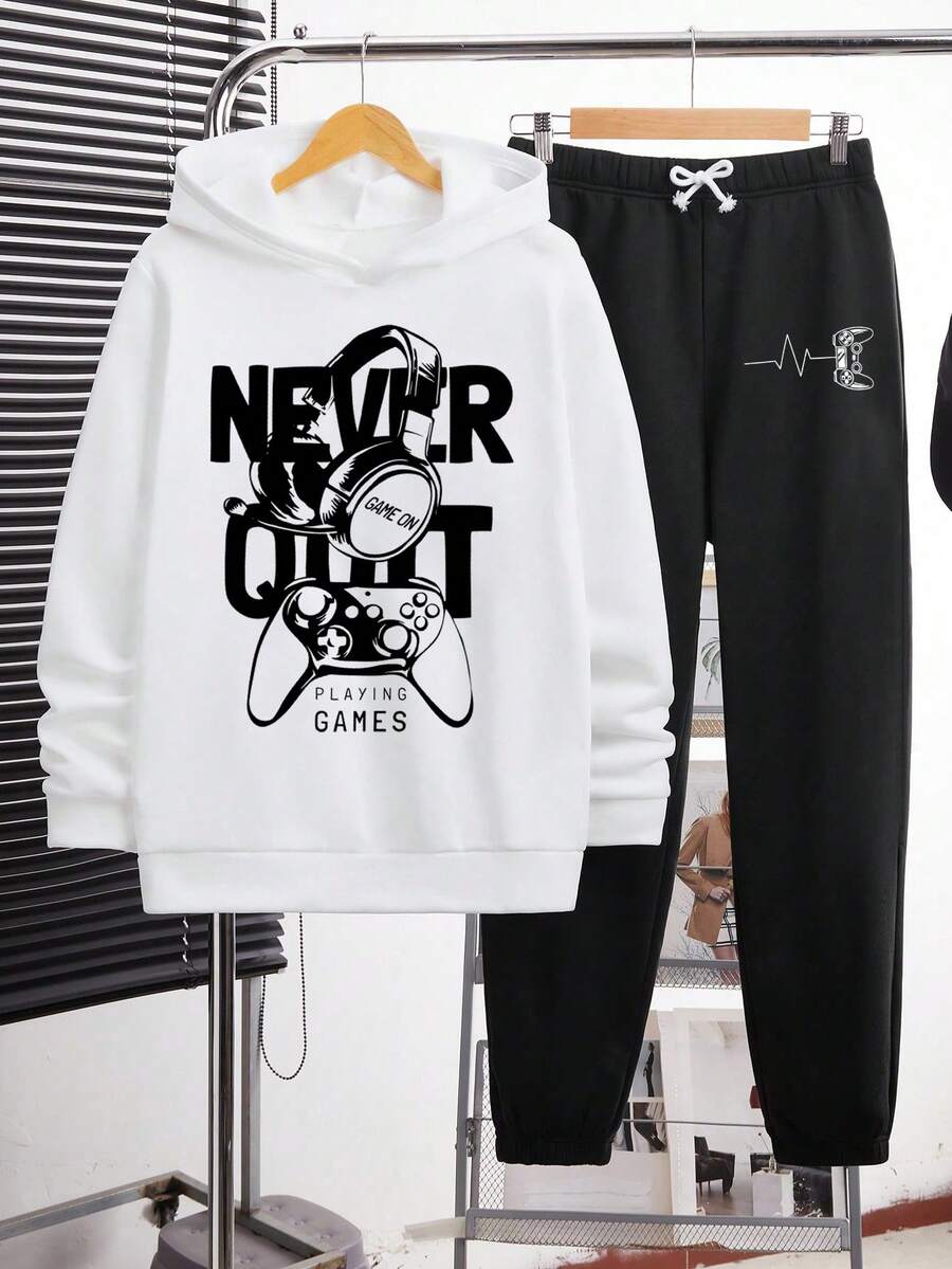 Teen Boys Letter Print Warm Hoodie And Sweatpants - Black - View 1