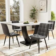 Dining Table Set (5 Pieces), Dining Table Set With 4 Chairs, Modern Kitchen Table Set, U-Shaped Design Kitchen Table, Black Legs, White Marble Tabletop, Grey Velvet Dining Chairs - Multicolor - View 2