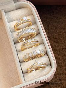 Juego de 5 anillos de cobre abiertos con circonita cúbica de moda, adecuado para mujeres, para bodas y fiestas (Caja de regalo no incluida) - Amarillo Oro - Ver 10