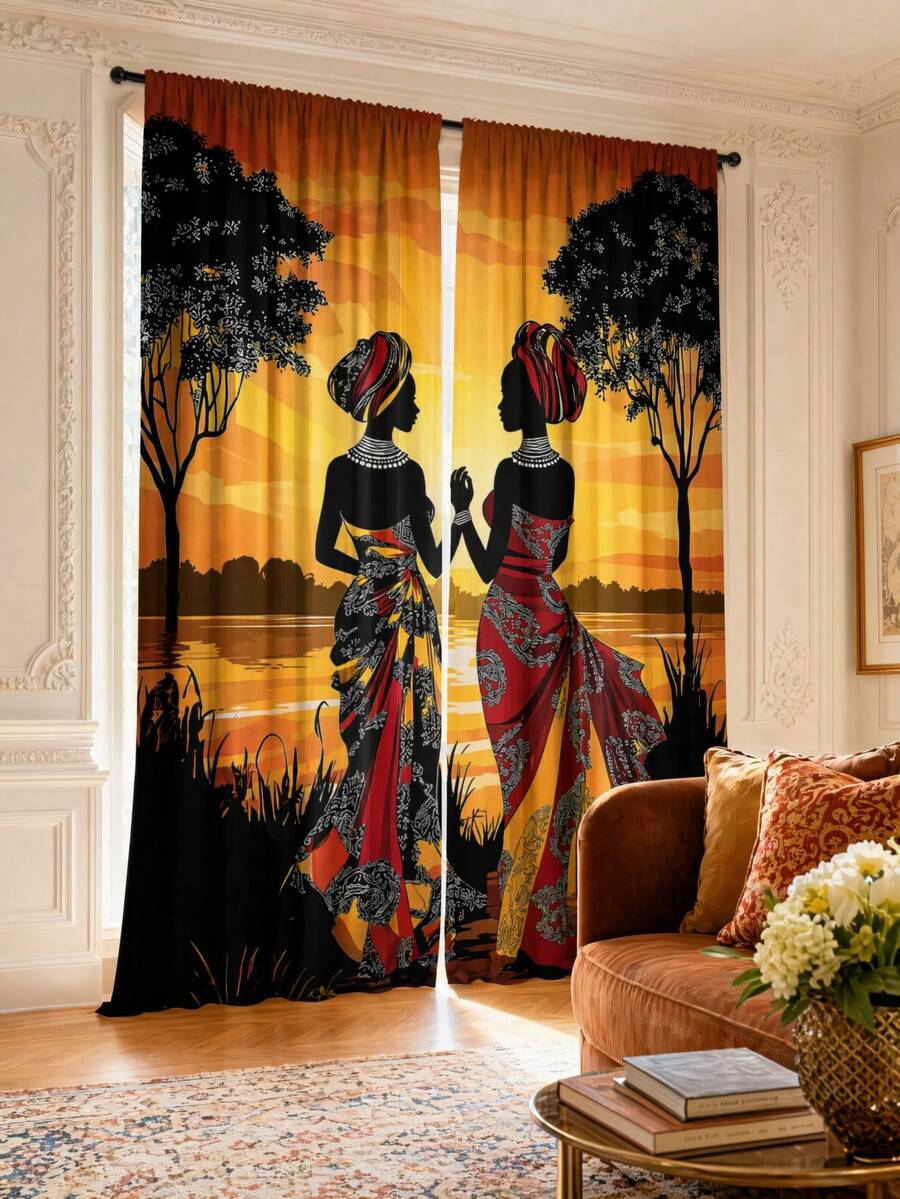 2pcs High-Definition Digital Bohemian African Exotic Print Decorative Curtains, Women Silhouette Totem Pattern Design, Polyester Material, Rod Pocket Design, Easy To Hang, Semi-Transparent Privacy Protection, Machine Washable And Hand Washable, Vintage Bohemian Living Room Bedroom Curtains, Suitable For Bedroom, Living Room, Kitchen, Closet, Study, Home Decor. - Multicolor - View 1