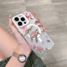 HANCAI 1pc Magnetic Pink Watercolor Turtle Shell Floral Full Coverage Shockproof Phone Case, Gentle Seaside Girl Healing Ins Niche MagSafe Protective Cover, Compatible With IPhone17/17Pro/17ProMax/16/11/16Plus/16ProMax/16e/15ProMax/13/14/12/14ProMax/12ProMax/13ProMax/12Pro/13Pro/14Pro - White Frame, Matte White (with Magnetic Closure) - View 2