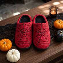 Halloween Red Plush Spider Web Half Slippers, Unisex Autumn/Winter Home Slippers With Fleece Lining, Teddy Fleece, Personalized Spider Web Embroidery, Curly Plush, Soft Sole, Quiet, Non-Slip, Holiday Atmosphere, Indoor/Outdoor Dual Use, Warm And Comfortable Slouchy Home Slippers - Red - View 2