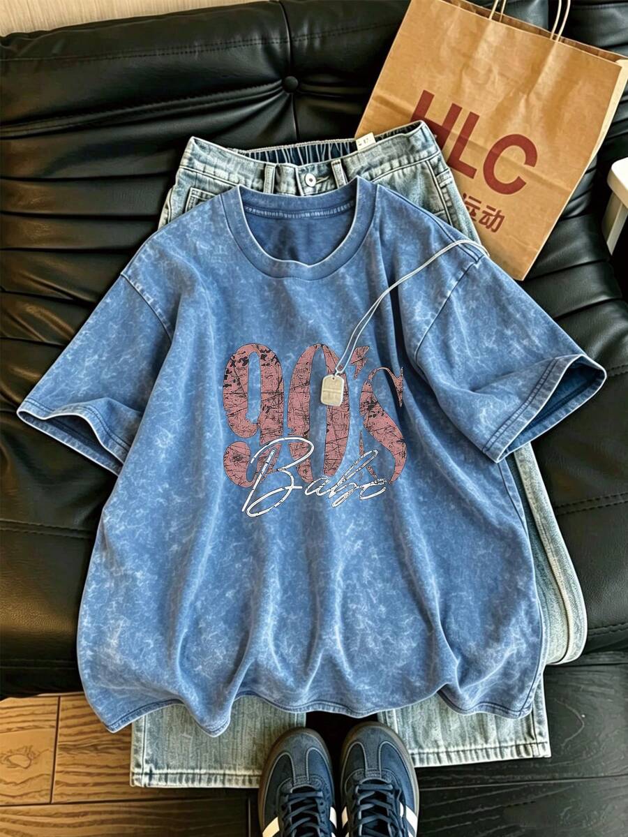 Plus Size Women's Vintage Print T-Shirt - Vintage Letter Pattern Casual Short Sleeve Crew Neck Washed Top, Suitable For All Seasons, Can - Royal Blue - View 1