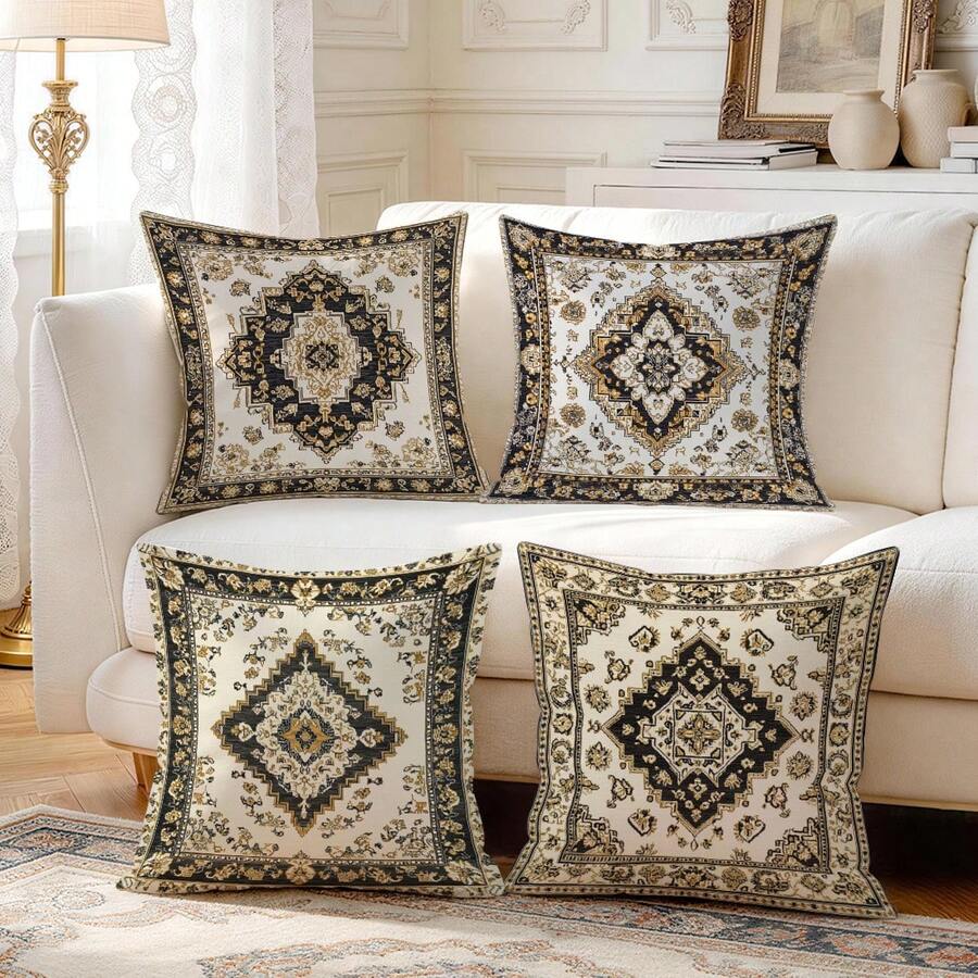 4 pièces Taies d'oreiller/housses de coussin imprimées sur un seul côté avec motif de tapis persan géométrique bohème, taies d'oreiller décoratives pour ambiance multi-scènes convenant au salon, canapé, chambre à coucher, insert d'oreiller non inclus - Multicolore - Voir 1
