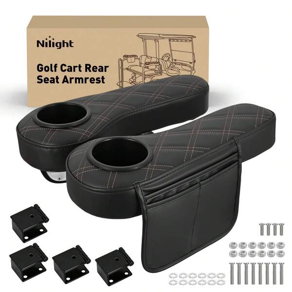 Nilight 2PCS Golf Cart Rear Seat Compatible With Yama Ha EZGO Club Car Armrests With Cup Holder & Storage Bag, No-Drill Flip-Up Design