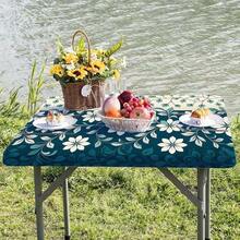 1pc-Summer Outdoor Tablecloth-Elastic Band Edge-Blue And White Floral Leaf Pattern Print-Elastic Washable Tablecloth-Durable Polyester Rectangular Tablecloth-Suitable For Camping-Picnic-Garden Party - A - View 5