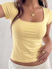 Women's Plus Size Slim Fit Knit Square Neck Short Sleeve Top, Medium Stretch, Cute And Stylish, Suitable For Daily Wear Summer - Yellow - View 1