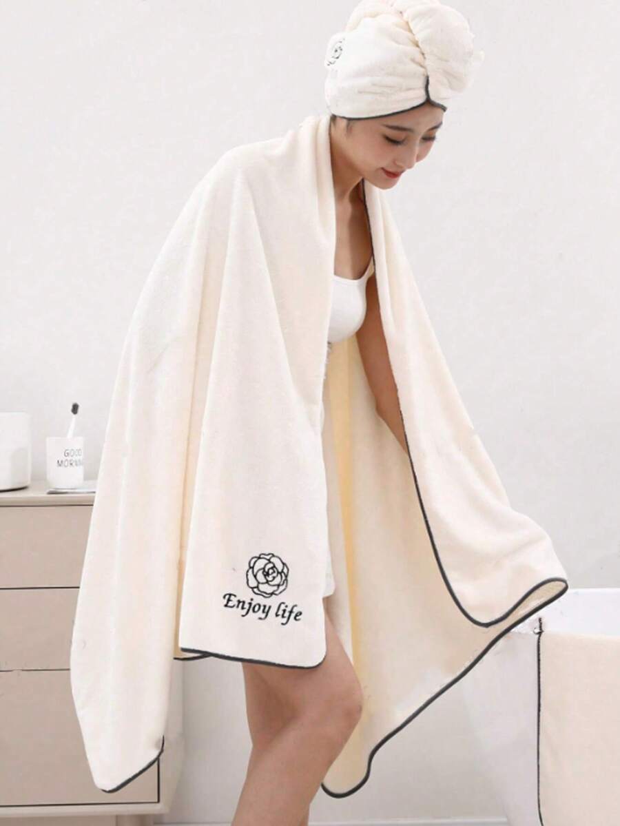 Women's Soft Absorbent Embroidered Large 90*180cm Bath Towel/25*65cm Bath Cap - White - View 1