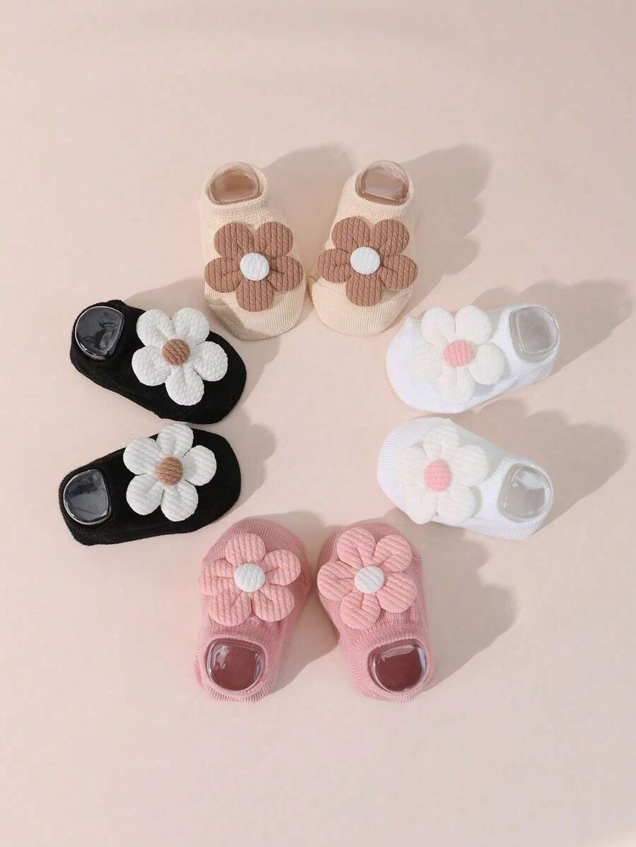 6/1 Pair Baby Girl Floral Anti-Slip Floor Socks, Cute Short Ankle Socks, Suitable For Infants, All Seasons
