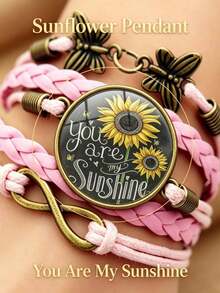 獨特波希米亞風時間寶石「You Are My Sunshine」語錄向日葵編織手鍊，無限符號蝴蝶復古編織繩手鍊，耐用PU皮革，優雅日常配戴，女性節日禮物，夏季度假首飾（因光線與拍攝角度，實際商品與圖片可能存在輕微尺寸差異） - 粉紅色Youaremy Sunshine - 查看 2