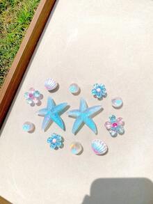 12件裝藍色海星、彩色貝殼、亮片花朵 ABS 樹脂鞋飾 DIY 可拆卸－個性化鞋履配件 - 藍色 - 查看 3