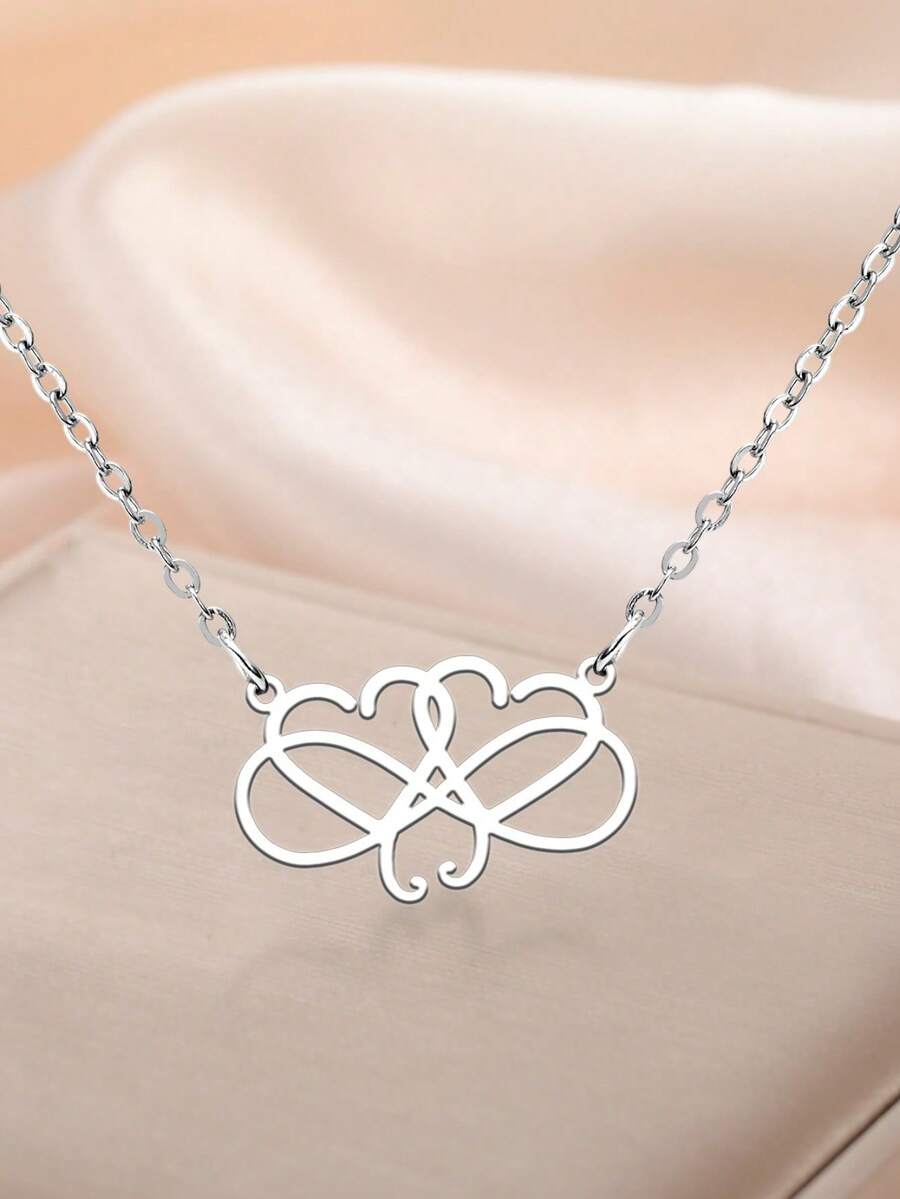 LIKGREAT 1pc Women's Stainless Steel Infinity Symbol Double Heart Line Pendant Necklace, Minimalist Hollow Design, Delicate Niche Accessory For Daily Commute - Fashion Series - View 1