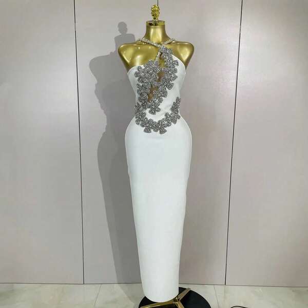 2026 Hot New Arrivals Backless Sparkly Diamonds White Bodycon Bandage Dress Women Celebrity Elegant Evening Club Party Birthday Dresses.