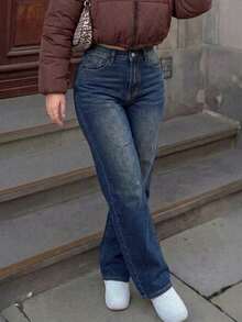 Plus Size Women's Vintage Minimalist Elastic Waist Casual Loose Straight Leg Denim Jeans - Dark Wash - View 4
