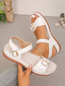 Plus Size 35-45 Women's White Wedge Sandals - White Crocodile Pattern - View 3