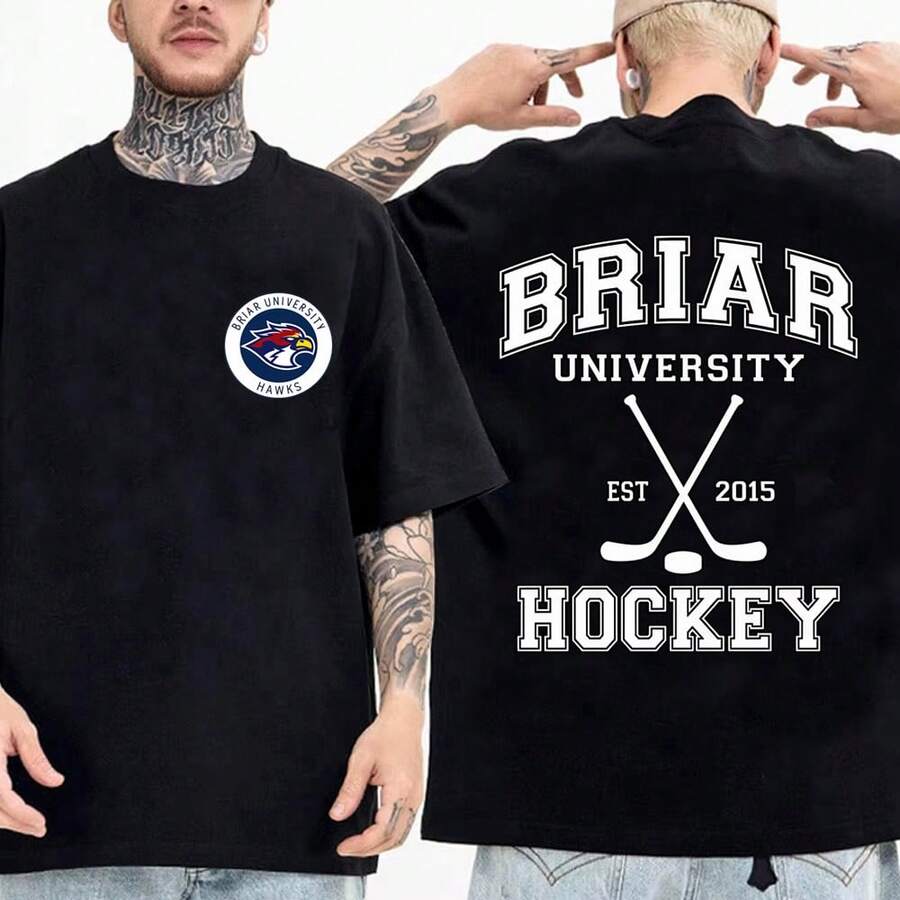 Briar University Circular Hawks Eagle Mascot Left Chest Print Back Large Arch BRIAR UNIVERSITY HOCKEY EST.2015 Cross Stick Graphic T-Shirt Unisex Men - 黑色 - 查看 1