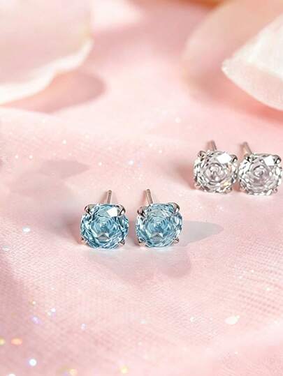 1 Pair S925 Sterling Silver Millennium Rose Cut 4-Prong Stud Earrings, Shiny Design, Light Luxury Elegant Elegant, Personalized Exquisite INS Fashion, Sweet Fresh Gentle Aesthetic Vibe, Colorful Zirconia, Stackable, Party Niche High-End Ear Jewelry Gift