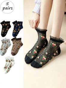 5-Pair Pack Of Women's Short Socks: Spring/Summer Retro Floral Mesh Lace Short Socks. Combining Style And Practicality, These Fashionable And Simple Socks Are Made Of Soft, Comfortable, And Breathable Fabric That Is Gentle On The Skin And Won't Irritate Your Feet. Suitable For Various Occasions. - Multicolor - View 6
