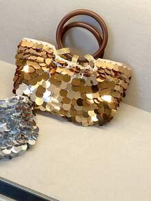 Sequin Ring Handle Evening Clutch, Shiny Sequins, Wooden Round Top Handle, Portable Handbag, Luxury Fashion Party Women's Style, Suitable For Weddings, Nightclubs, Outings - Gold - View 5