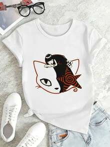 Casual T-Shirt With Cat Graphic Print, 100% Cotton, Crew Neck, Loose Fit, Comfortable, Street Hip-Hop Style - White - View 2