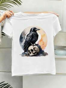 Women's Crow Skull Graphic T-Shirt, Soft Cotton, Relaxed Fit, Casual, Art Print. - White - View 2