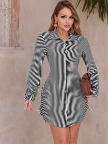Women's Striped Checkered Shirt Dress With Long Sleeves, Adjustable Buttons And Side Tie – Elegant, Modern And Super  For Winter - 黑與白 - 查看 1