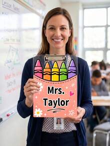 1pc Custom Teacher Name Crayon Bucket Clipboard, Personalized Cute Rainbow Crayon Writing Board, Pastel Pocket Art Clip Board,Teacher Appreciation Gift,Back To School,OfficeDesk Decor,Teacher Gift - Multicolor - View 14