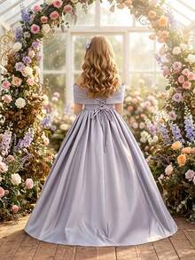 Tween Girls Spaghetti Strap Back Tie Satin Elegant Front Short Back Long Train Stage Dress Suitable For Party, Headband Not Included - Dusty Purple - View 3