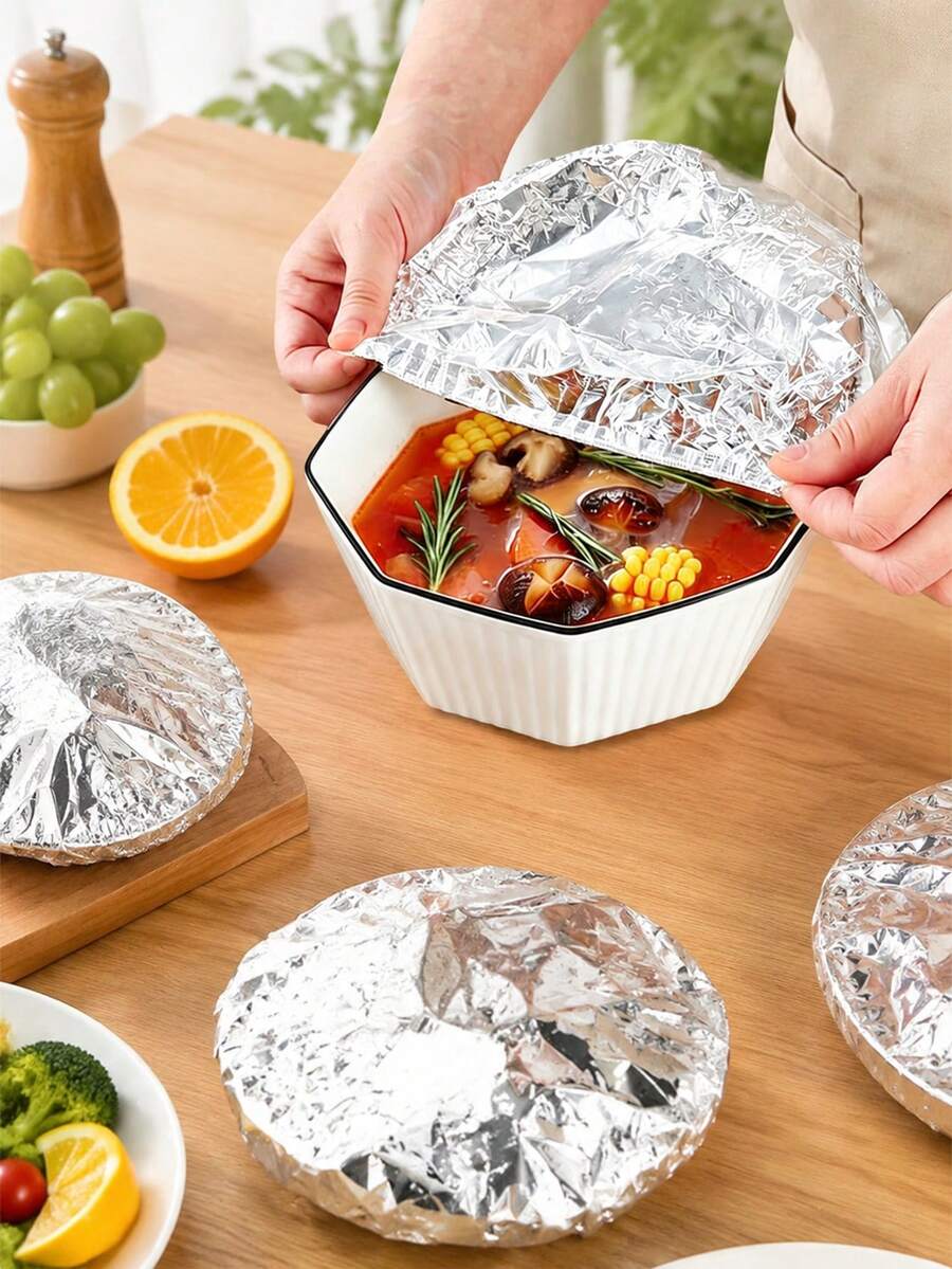 50pcs Aluminum Foil Food Wrap Set, Reusable Aluminum Foil Food Packaging Bags, Food Covers, Fresh-Keeping Bags, Suitable For Fruits, Meals, Tableware, Insulated Food Containers, Meal Warming, Kitchen Storage