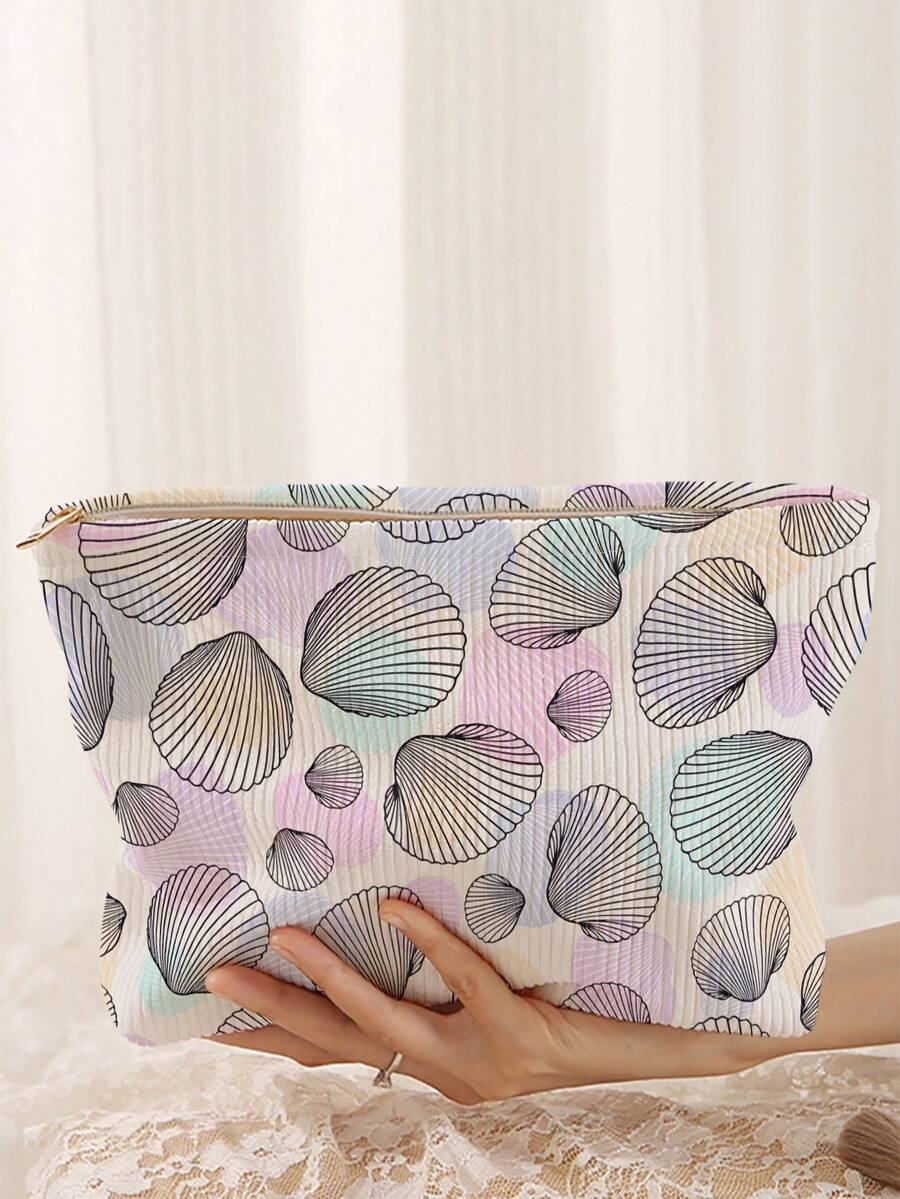 Bolsa de almacenamiento de cosméticos portátil con patrón de concha, impresión de doble cara, bolsa de maquillaje con cremallera para viajes, organizador multifuncional de artículos de tocador - Multicolor - Ver 1