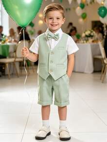 3 件套年轻男孩背心 + 短裤 + 领结正装，适合学校表演、婚礼花童、节日场合、夏季 - 綠色 - 查看 2